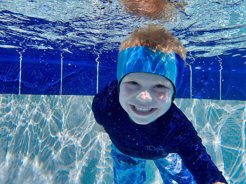 [Australia - AusPower] - EAR BAND-IT Ultra Tie Dye Swimming Headband – ONLY Swim Ear Band Invented by ENT Doctor – Block Water Secure Earplugs – Kid & Adult Sizes – Recommended Water Protection for Bath, Shower, Pool, Beach Large (ages 9yrs to adult) Blue Tie Dye 