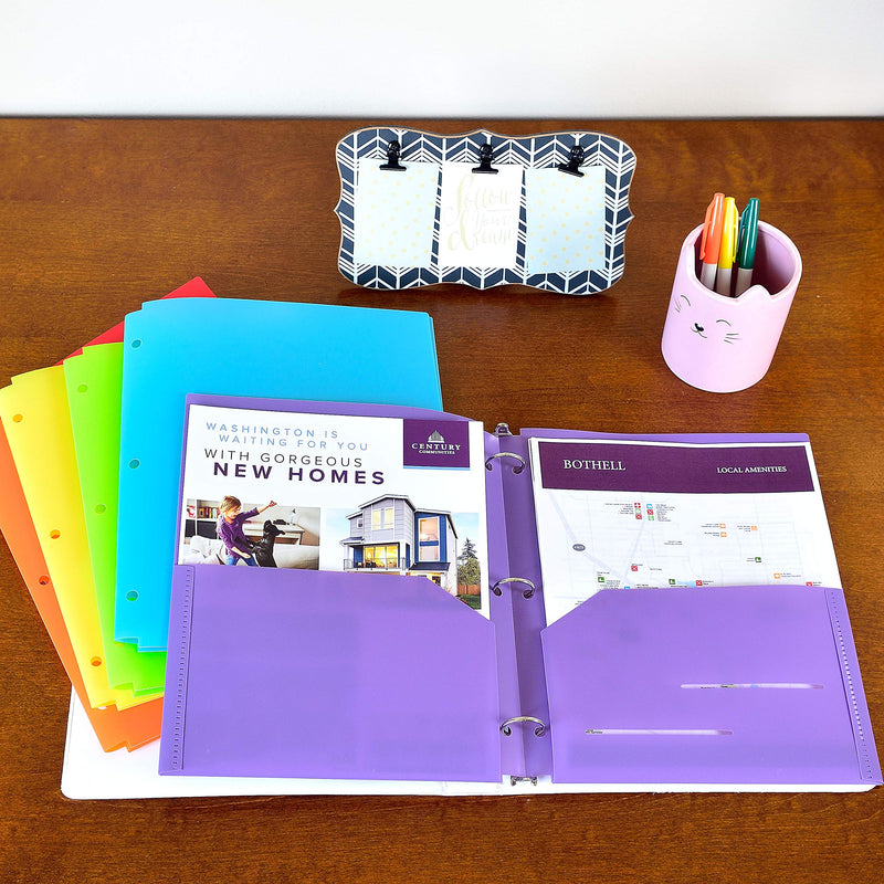 [Australia - AusPower] - Youngever 6 Pack Heavy Duty Plastic Two Pocket Folders, Binder Dividers with Pocket, 3 Hole Punch Folder with Notches, Binder Folders 