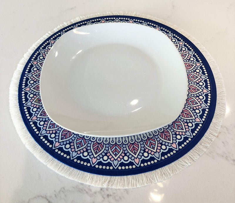 [Australia - AusPower] - Inusitus Oriental Rug Place Mats – Set of 2 Round Table Mats with Fringes - Miniature Carpet Design Table Setting placemats - Stunning Dining Table Décor for Home, Kitchen & Bars (Round) 