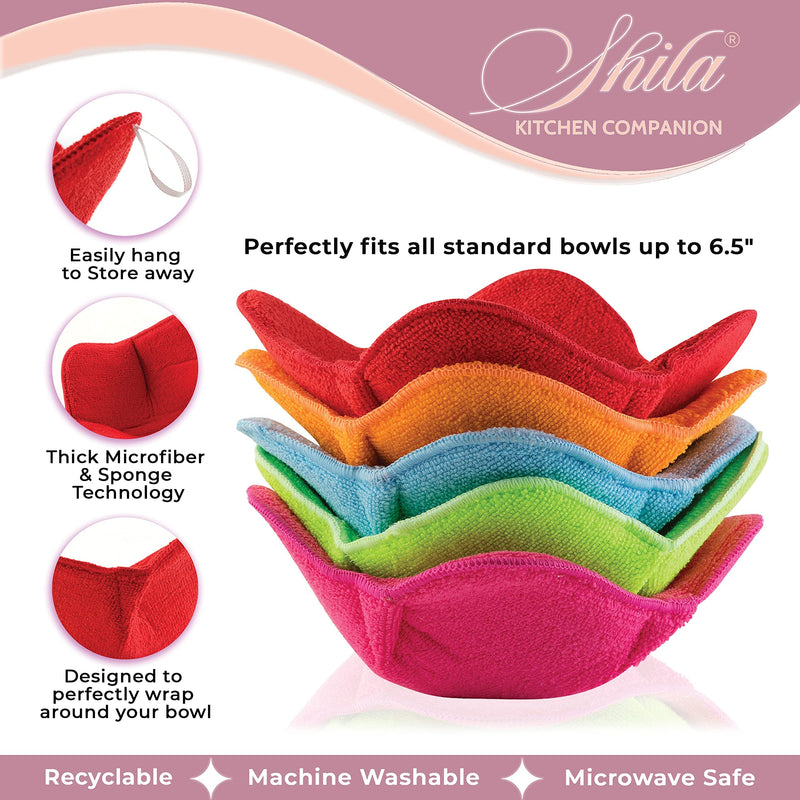 [Australia - AusPower] - SHILA Bowl Huggers, Multi Color Set of Microwave Safe Hot Bowl Holder to Keep Your Hands Cool and Your Meal Warm, Polyester & Sponge Heat Resistant Bowl Cozies for Soup, Rice and Pasta Bowls 5 Multicolor 