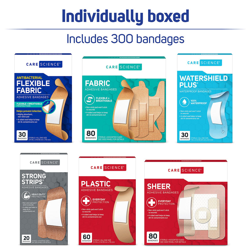 [Australia - AusPower] - Care Science Variety Bandages Pack, 300 ct Bulk Assorted Sizes | Includes Active, All-Purpose, Waterproof, and Heavy-Duty Bandages. Breathable Protection Helps Prevent Infection for First Aid 
