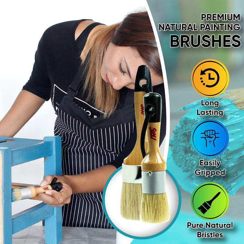 [Australia - AusPower] - Chalk and Wax Paint Brush Furniture - Painting or Waxing - Milk Paint - Dark or Clear Soft Wax - Home Decor Cabinets Stencils Woods - Natural Bristles 1 Small Round and 1 Large Oval Brushes 