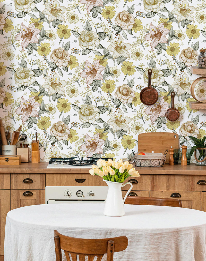 [Australia - AusPower] - Aniboo Floral Wallpaper Peel and Stick Wallpaper Boho Wallpaper for Bedroom Vintage Removable Wallpaper Self Adhesive Floral Contact Paper for Cabinets Modern Bathroom Wallpaper Yellow 17.3"x78.7" 17.3"Ã—78.7" 