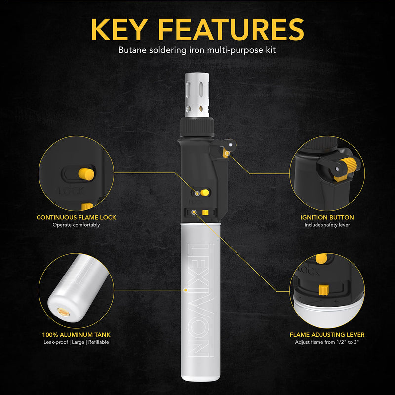 [Australia - AusPower] - LEXIVON Butane Soldering Iron Multi-Purpose Kit | Cordless Self-Igniting Adjustable Flame 7-Tip Set | Pro-Grade (LX-770) 