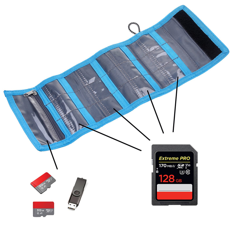 [Australia - AusPower] - Memory Card Wallet - SD Card Storage - Slim and Foldable with Transparent Slots - Can Carry Up to 15 SD Cards - Straps with Tether Included - (Black/Blue) for SD Cards - Black & Blue 