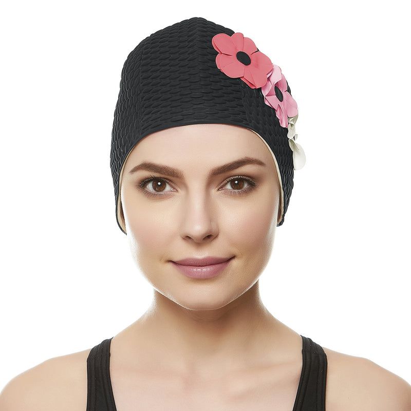 [Australia - AusPower] - BEEMO Swim Bathing Caps for Women Latex Swim Hat Triple Flowers Long/Short Hair Black / Pink and White Flowers 