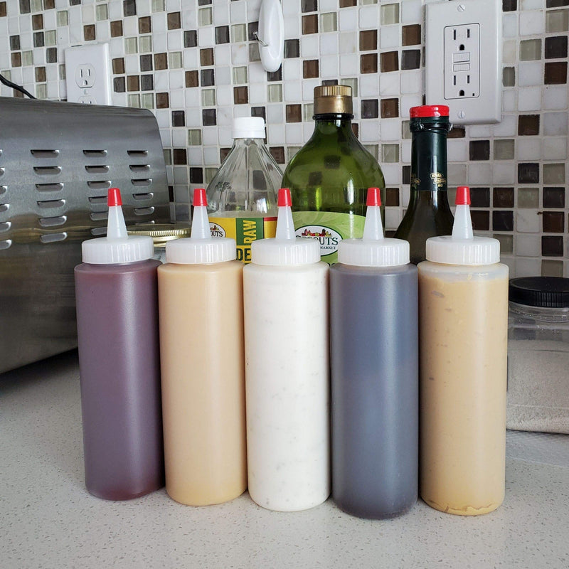 [Australia - AusPower] - kelkaa 8oz HDPE Plastic Squeeze Bottles with Wide Mouth Opening, Red Tip Yorker Caps with 0.030 Orifice for Condiments and Any Thick Liquids Products, Refillable Empty Bottles (Pack of 10) 