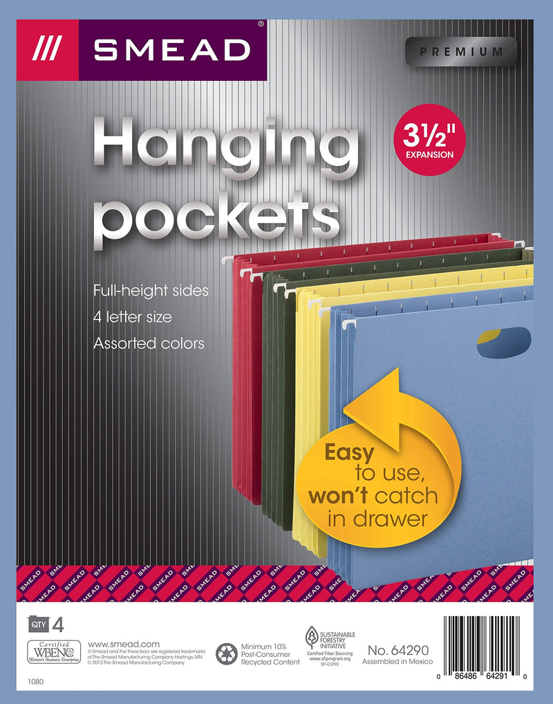 [Australia - AusPower] - Smead Hanging Pocket with Full-Height Gusset, 3-1/2" Expansion, Letter Size, Assorted Colors, 4 per Pack (64290) 