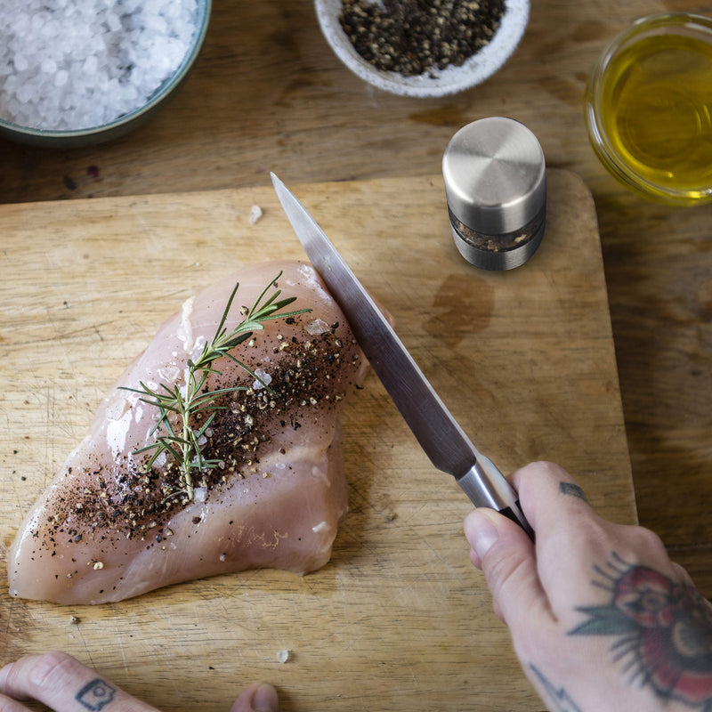[Australia - AusPower] - T-mark Premium Sea Salt and Pepper Grinder Set - Spice Mill with Brushed Stainless Steel, Small Portable Ceramic Salt & Pepper Shakers (2-Pack) 