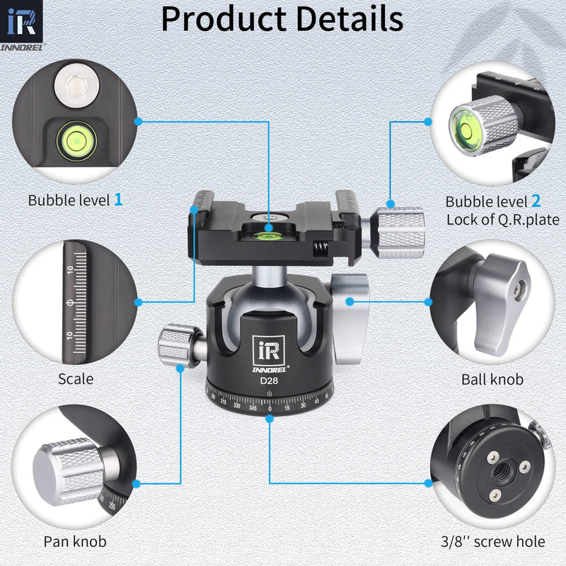 [Australia - AusPower] - INNOREL D28 28mm Low Profile Tripod Ball Head Professional All Metal CNC 360° Panoramic Camera Tripod Head for Monopod,DSLR Cameras,Camcorder,DV with 1/4" Arca Swiss Quick Release Plate Load 22lb/10kg 28mm Dia. 