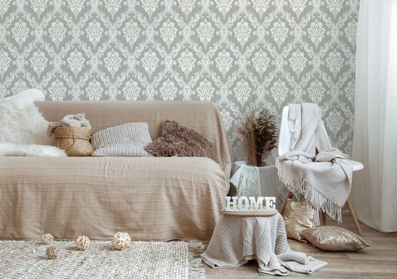 [Australia - AusPower] - Micpolo Peel and Stick Wallpaper Grey and White Contact Paper for Cabinets and Drawers Damask Wallpaper Removable Grey Peel and Stick Wallpaper for Bedroom Bathroom Shelf Liner Wall Decor 17.7"Ã—78" 17.7"X78" 