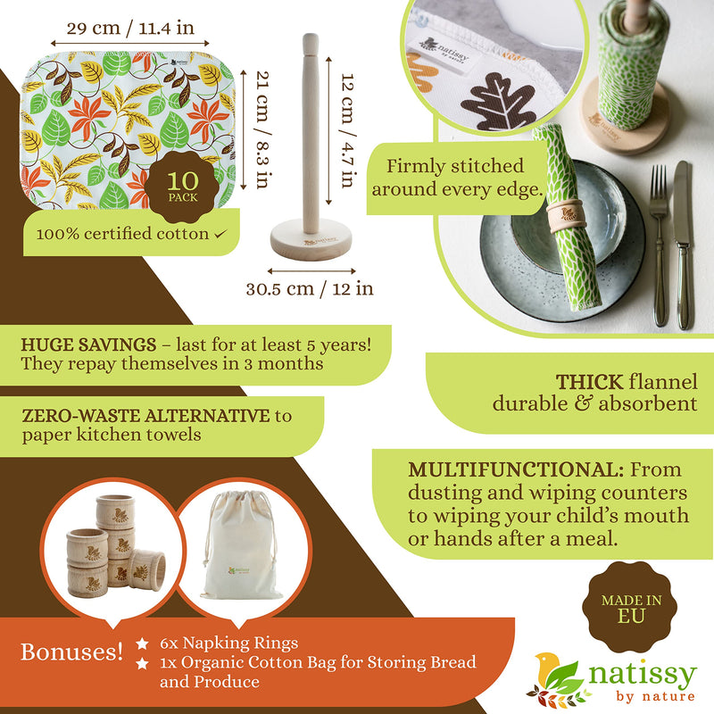 [Australia - AusPower] - Reusable Paper Towels for Kitchen, Roll of 10 Paperless Paper Towels on a Holder, Reusable Cloth Paper Towels, Organic Cotton Reusable Napkins, Washable Fabric Paper Towel Replacement, Reusable Towels 