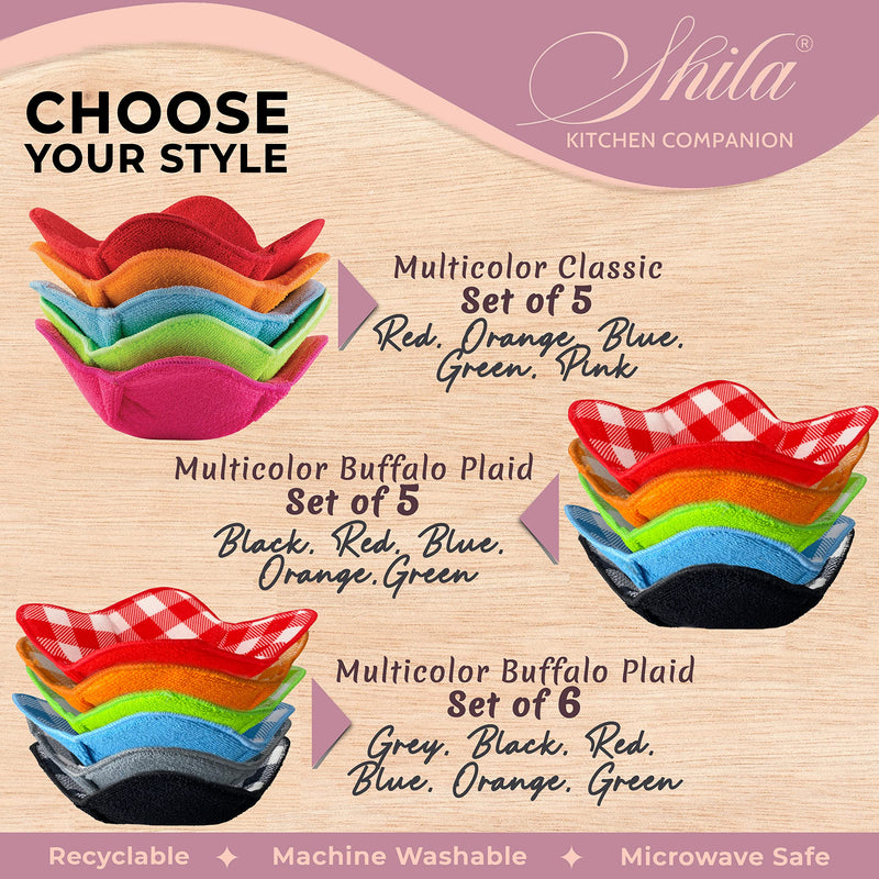 [Australia - AusPower] - SHILA Bowl Huggers, Multi Color Set of Microwave Safe Hot Bowl Holder to Keep Your Hands Cool and Your Meal Warm, Polyester & Sponge Heat Resistant Bowl Cozies for Soup, Rice and Pasta Bowls 5 Multicolor 