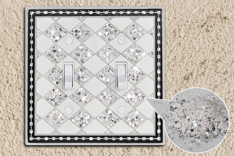 [Australia - AusPower] - YNQIZKI Double Light Switch Cover Plate,2 Gang Wall Plate,Bling Switch Plate Covers,Midsize 4.9''x4.8'',Silver Sequins Sparkle Double Toggle White-Silver Sparkle 