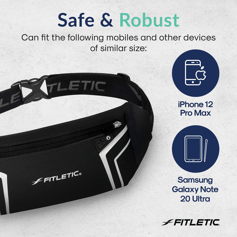 [Australia - AusPower] - Fitletic - Blitz Sports and Travel Belt, Multifunctional Reflective Belt with Earbud Port, Water-resistant, Adjustable, and Versatile Running Waist Belt, Fitletic Running Accessories, Black 