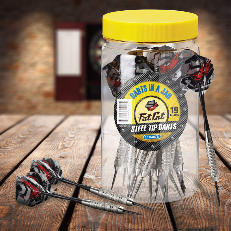 [Australia - AusPower] - Fat Cat Darts in a Jar: Steel Tip Darts with Storage/Travel Container, 20 Grams (Pack of 15, 21 and 27 Darts) Jar with 15 Darts 
