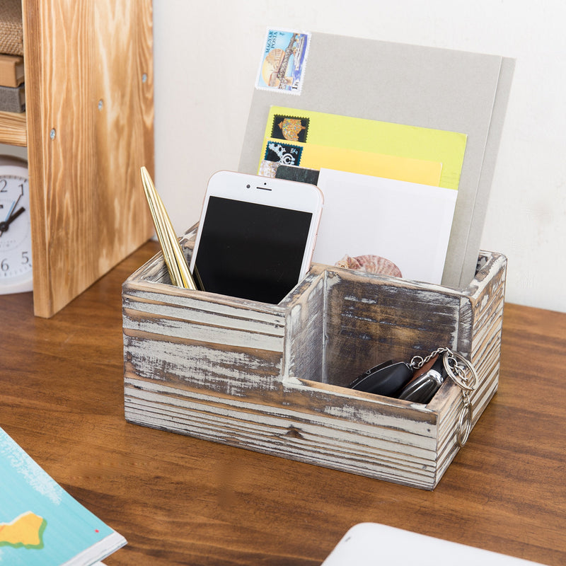 [Australia - AusPower] - MyGift Rustic Torched Wood Office Desk Stationery Organizer - 3 Compartment Remote Control and Media Storage Holder 