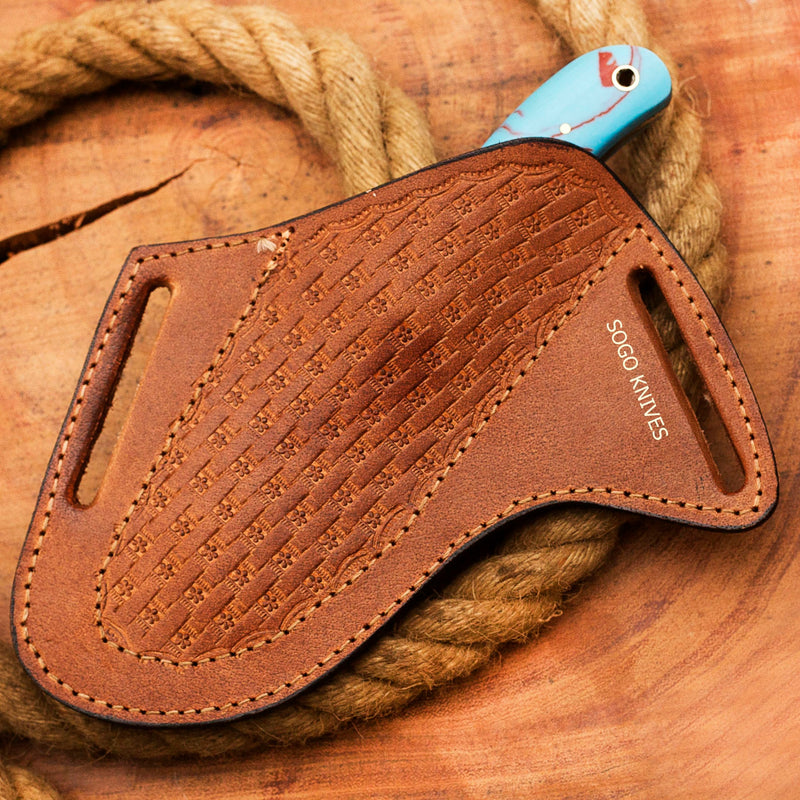 [Australia - AusPower] - SOGO KNIVES Leather Knife Sheath for Belt, Slanted Pancake Sheath, Tooled Leather Sheath, Beautiful Cow Boy Bull Cutter Knife Leather Cover 100% Real Leather Cross Draw Sheath BROWN 