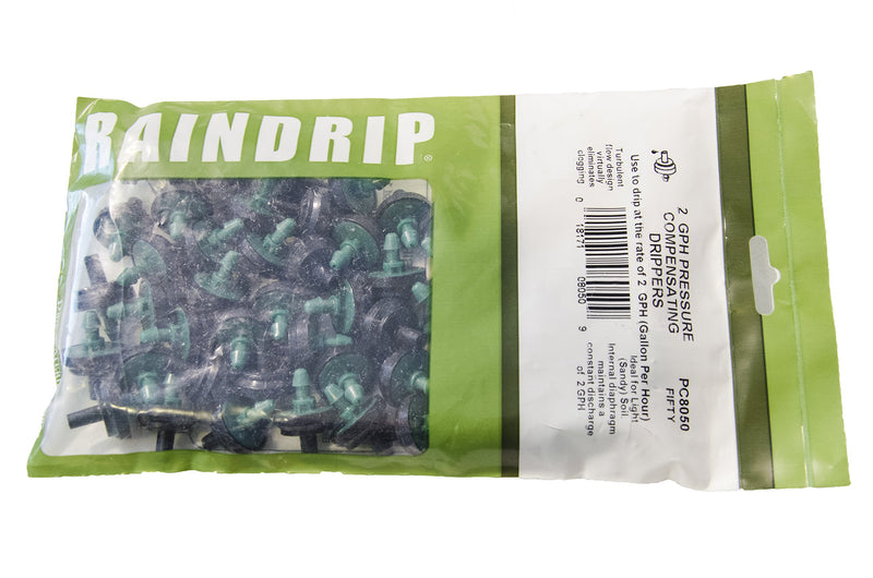 [Australia - AusPower] - Raindrip PC8050B 2 GPH Pressure Compensating Drippers, 50 Per Bag Maintains Constant Water Flow to Irrigation Line, 50-Pack, Green/Black 