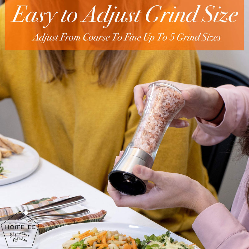 [Australia - AusPower] - HOME EC Premium Stainless Steel Salt and Pepper Grinder Set of 2 - Adjustable Ceramic Sea Salt Grinder & Pepper Grinder - Tall Glass Salt and Pepper Shakers - Pepper Mill & Salt Mill W/Funnel & Ebook 