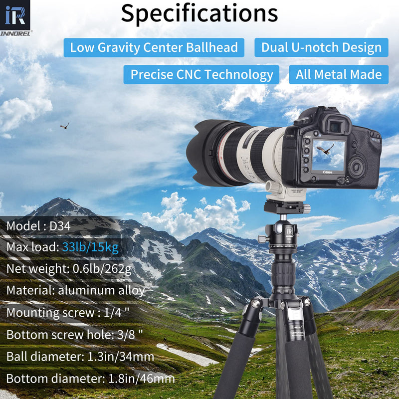 [Australia - AusPower] - INNOREL D34 34mm Low Profile Tripod Ball Head Professional All Metal CNC Panoramic Camera Tripod Head for Monopod,DSLR Cameras,Camcorder,DV with 1/4" Arca Swiss Quick Release Plate Load 33lb/15kg 34mm Dia. 