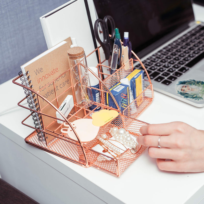 [Australia - AusPower] - Rose Gold Desk Organizer for Women Cute Home Office Accessories & Supplies Decor, Girly Desktop Stationary Essentials Organization Set, Mesh Caddy Storage 5 Compartments +1 Mini Sliding Drawer Rose Gold Small 8.7x5.5x5 