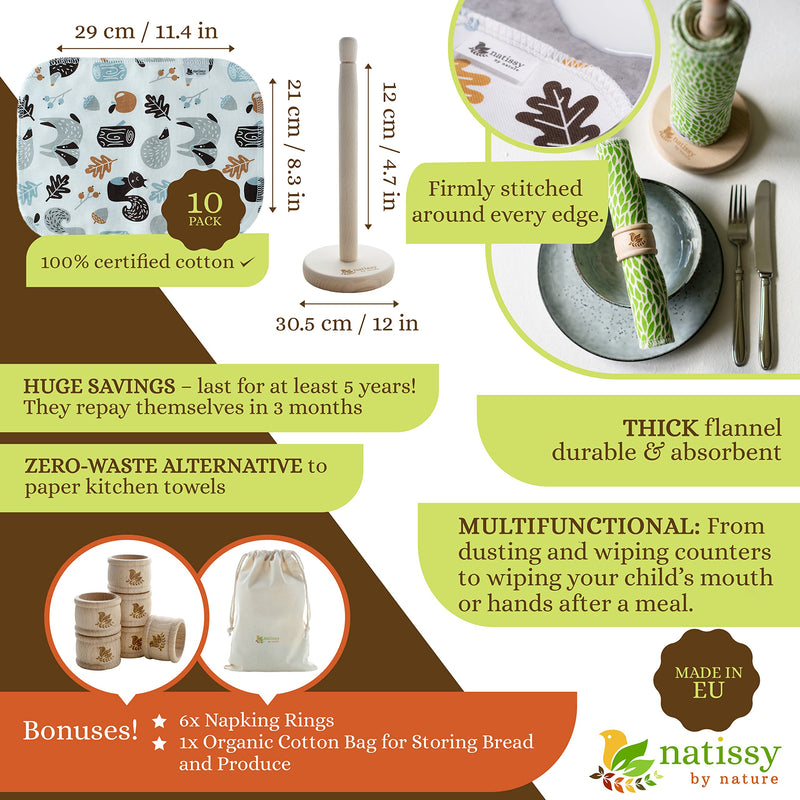[Australia - AusPower] - Reusable Paper Towels for Kitchen, Roll of 10 Paperless Paper Towels on a Holder, Reusable Cloth Paper Towels, Organic Cotton Reusable Napkins, Washable Fabric Paper Towel Replacement, Reusable Towels 