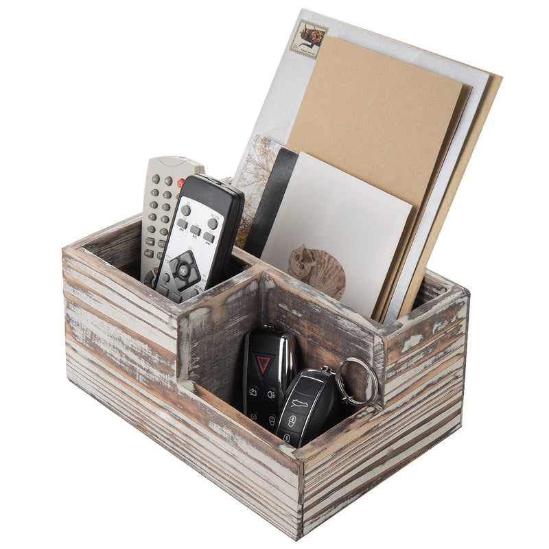 [Australia - AusPower] - MyGift Rustic Torched Wood Office Desk Stationery Organizer - 3 Compartment Remote Control and Media Storage Holder 