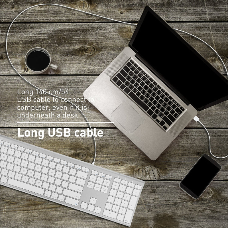 [Australia - AusPower] - Macally Ultra Slim USB Wired Computer Keyboard - Works as Windows or Mac Wired Keyboard - Full Size Keyboard with 20 Apple Shortcut Keys - Mac Keyboard with Number Pad - Silver Aluminum Finish 