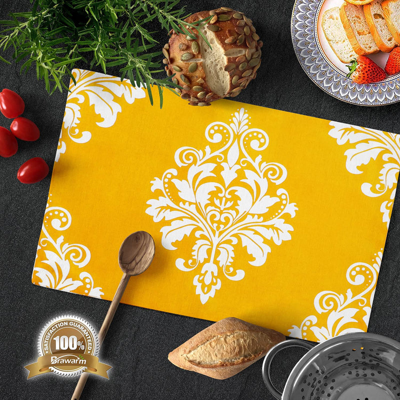 [Australia - AusPower] - BRAWARM Set of 6 Yellow Placemats for Dining Table, Manual Hand Painted Damask Floral Table Mats, Washable Place Mats for Kitchen Table 12 X 18 Inches 12 X 18 Inches - 6Pcs 