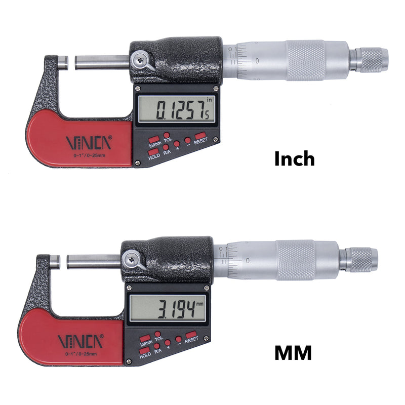 [Australia - AusPower] - VINCA DMCA-0105 Digital Outside Micrometer with Carbide Tip 0-1"/0-25mm Measuring Range 0.00005" /0.001 mm Resolution Red Black Precision Machinist Tool 0-1"/25mm 