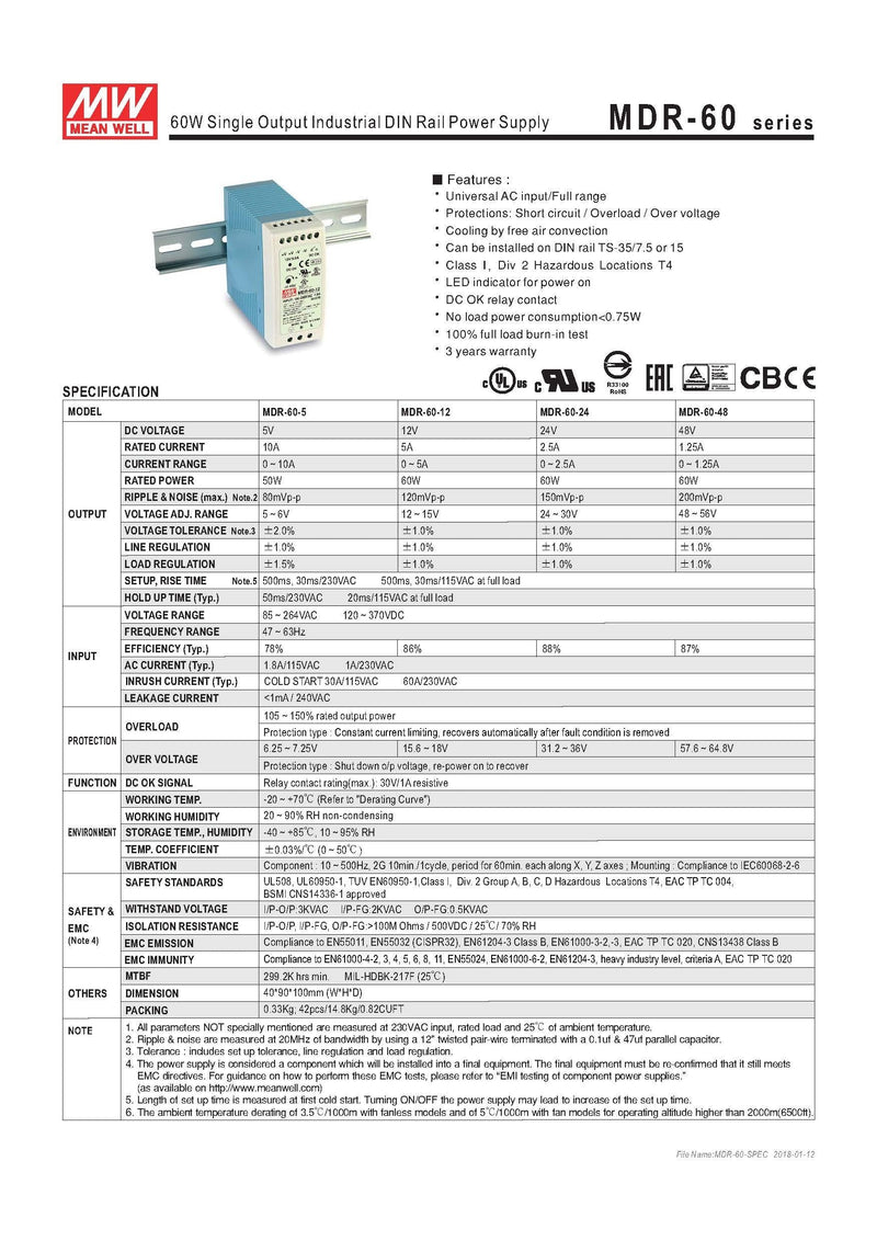[Australia - AusPower] - MEAN WELL MDR-60-24 DIN-Rail Power Supply 24V 2.5 Amp 60W Original Version 