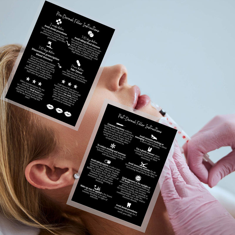 [Australia - AusPower] - Dermal Filler Pre and Post Injection Care Instructions Card | 30 Pack | 5x7” inches large Post Card Size | Dermal Filler Injections Black with White Icons Design 