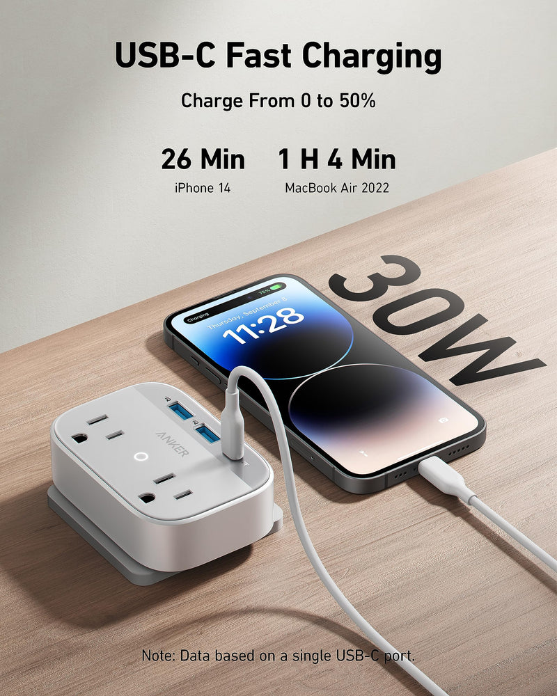 [Australia - AusPower] - Anker Portable Outlet Extender with Foldable Plug, 5 Multi-Plug Outlet, High-Speed 30W USB C Power Delivery, Compatible with iPhone 15/15 Plus/15 Pro/15 Pro Max,Compact for Travel, Home, TUV Listed 