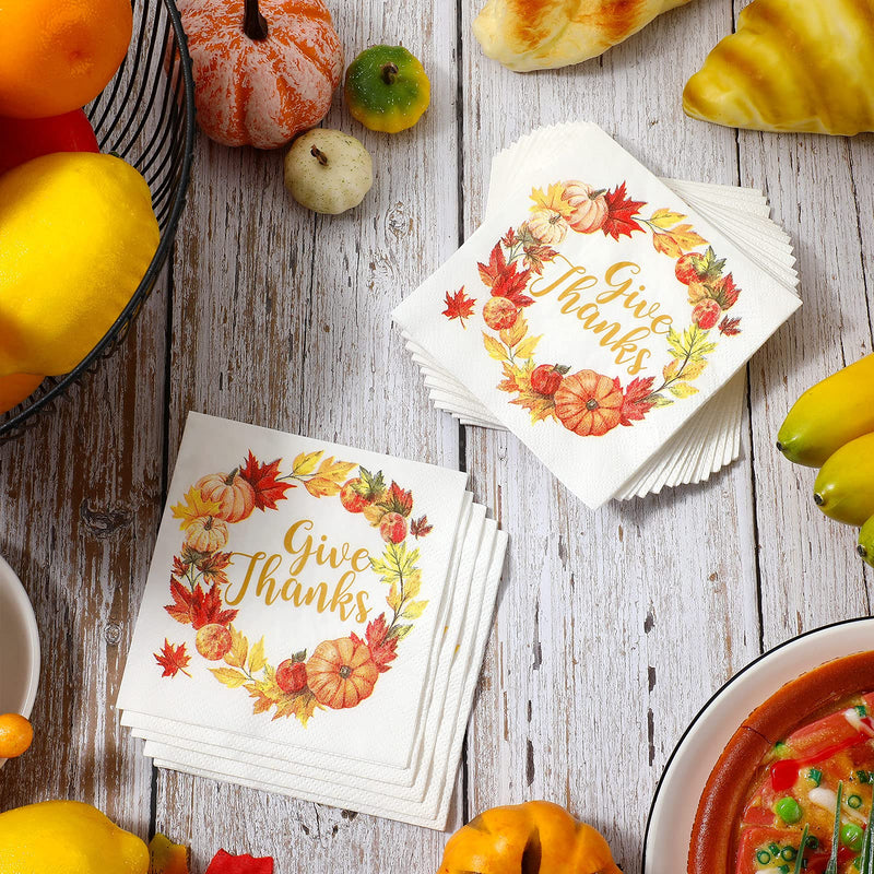 [Australia - AusPower] - Give Thanks Napkin White Thanksgiving Napkins Paper Thanksgiving Dinner Napkins Disposable Fall Luncheon Napkins Leaf Pumpkin Garland Autumn Napkins Paper for Dinner Thanksgiving Party (100) 100 