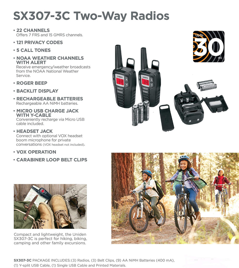 [Australia - AusPower] - Uniden SX307-3C FRS 3-Pack, Up to 30-Mile Range, Walkie Talkies, 22-Channel FRS 2-Way Radios - Black 