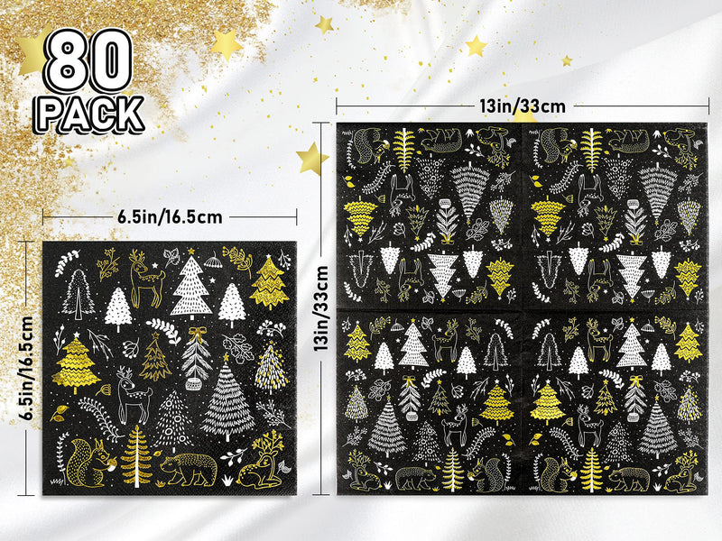 [Australia - AusPower] - Whaline 80 Pack Christmas Paper Napkins 6.5 x 6.5" Xmas Tree Cocktail Napkins Disposable Black White Gold Party Beverage Napkins for Christmas New Year Winter Holiday Dinner Party Supplies 