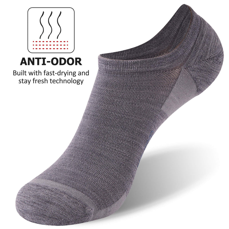 [Australia - AusPower] - Athletic Running Socks, ZEALWOOD Unisex Merino Wool Anti-blister Cushion Hiking Socks,1/3 Pairs 3xgrey-no Show Large 
