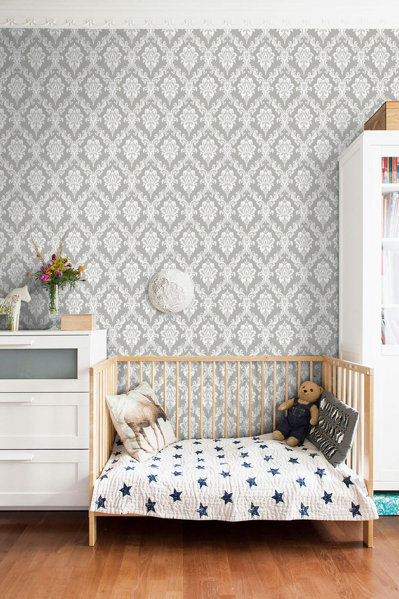 [Australia - AusPower] - Micpolo Peel and Stick Wallpaper Grey and White Contact Paper for Cabinets and Drawers Damask Wallpaper Removable Grey Peel and Stick Wallpaper for Bedroom Bathroom Shelf Liner Wall Decor 17.7"Ã—78" 17.7"X78" 