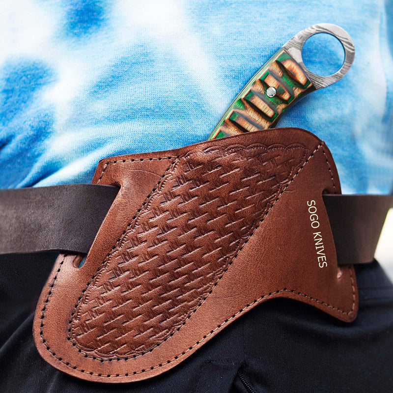 [Australia - AusPower] - SOGO KNIVES Leather Knife Sheath for Belt, Slanted Pancake Sheath, Tooled Leather Sheath, Beautiful Cow Boy Bull Cutter Knife Leather Cover 100% Real Leather Cross Draw Sheath BROWN 