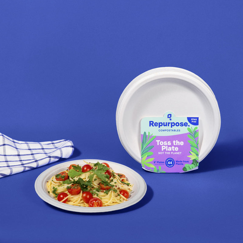 [Australia - AusPower] - Repurpose Compostables 9 Inch Compostable Plates, Heavy Duty Paper Plates Microwave Safe and Freezer Safe, Leak-Resistant, Plant-Based Plastic and Paper Plate Alternative, White, 44 Count, 1 Pack 