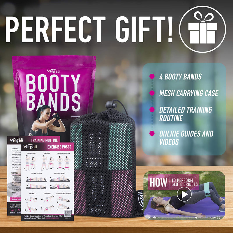 [Australia - AusPower] - Vergali Fabric Booty Bands for Women Butt and Legs. Set of 4 Non Slip Cloth Resistance Working Out Band for Glute, Thigh, Squat with Workout Resistant Fitness Training Guide to Exercise at Home or Gym 