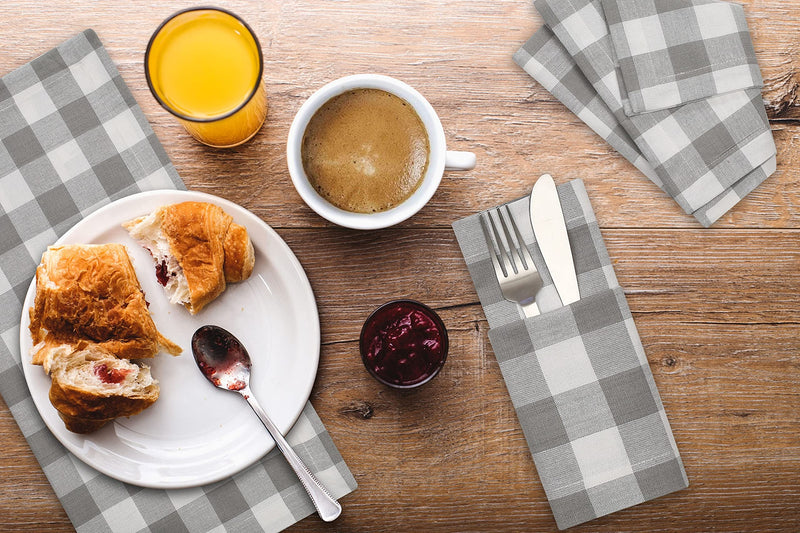 [Australia - AusPower] - Cotton Clinic 20x20 Gingham Buffalo Check Cloth Dinner Napkins Pack of 12, 100% Cotton Cocktail Napkins, Wedding Dinner Napkins with Mitered Corners and Generous Hem - Gray White Gray White Napkins Napkins 20x20 