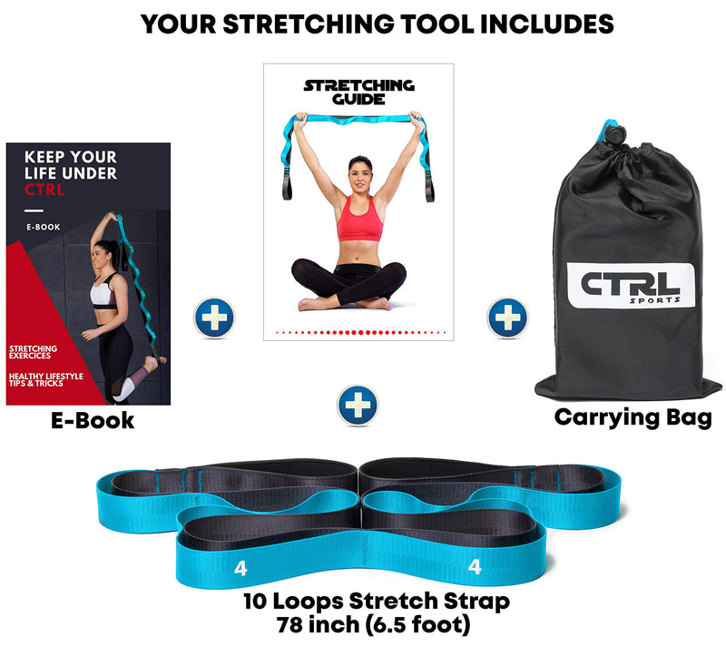 [Australia - AusPower] - Stretching Strap with Loops for Physical Therapy, Yoga, Exercise and Flexibility - Non Elastic Fitness Stretch Band + Exercise Instructions & Carry Bag by CTRL Sports 