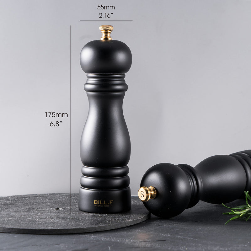 [Australia - AusPower] - Wooden Pepper Mill or Salt Mill, BILL.F 7 Inch Wood Salt and Pepper Grinder Set of 2 With a Adjustable Ceramic Rotor and Easily Refillable Black 