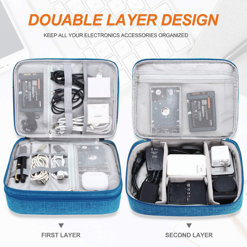 [Australia - AusPower] - Electronic Bag Travel Cable Accessories Bag Waterproof Double Layer Electronics Organizer Portable Storage Case for Cable, Cord, Charger, Phone, Adapter, Power Bank, Kindle, Hard Drives Sky Blue 