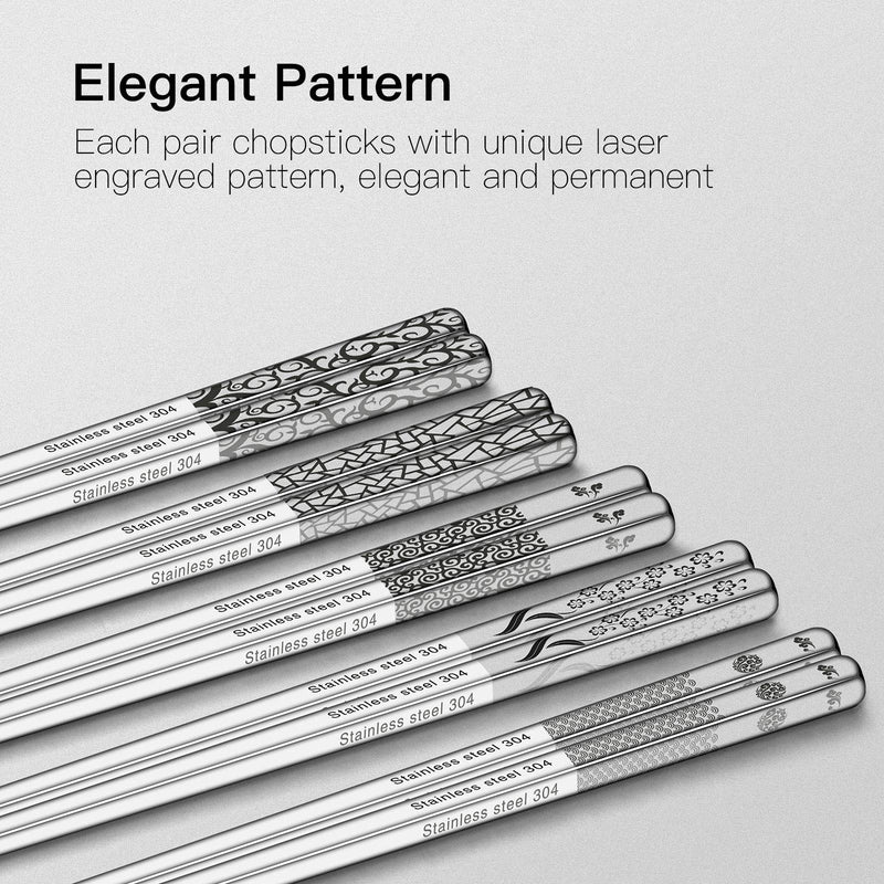 [Australia - AusPower] - Metal Chopsticks Reusable 18/8 Stainless Steel Chopsticks Multipack Dishwasher Safe Chop Sticks Cute Laser Engraved Non-slip Japanese Korean Chopstick for Cooking Eating 9 1/4 Inches 5 Pairs Gift Set Silver 