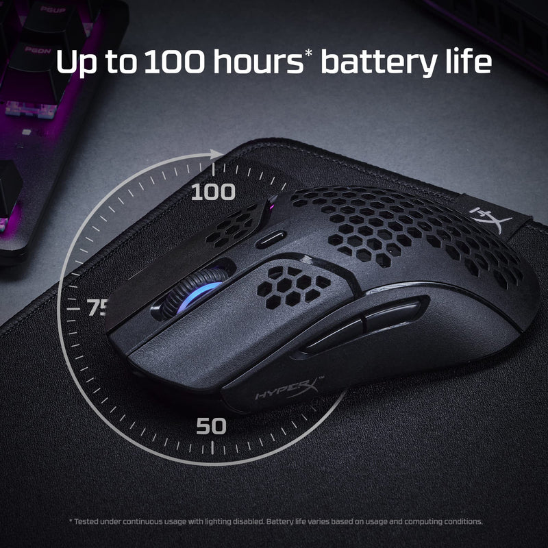 [Australia - AusPower] - HyperX Pulsefire Haste – Wireless Gaming Mouse – Ultra Lightweight, 61g, 100 Hour Battery Life, 2.4Ghz Wireless, Honeycomb Shell, Hex Design, Up to 16000 DPI, 6 Programmable Buttons – Black 