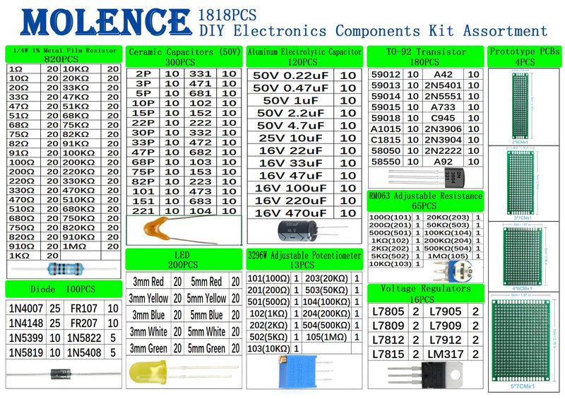 [Australia - AusPower] - Molence DIY Electronics Components Kit Assortment, Resistors 1818PCS, LED, Triode, Capacitors, Diodes, PCB, Potentiometer, Variable Resistance, Stabilivolt for Arduino UNO MEGA2560 Raspberry Pi MCU 