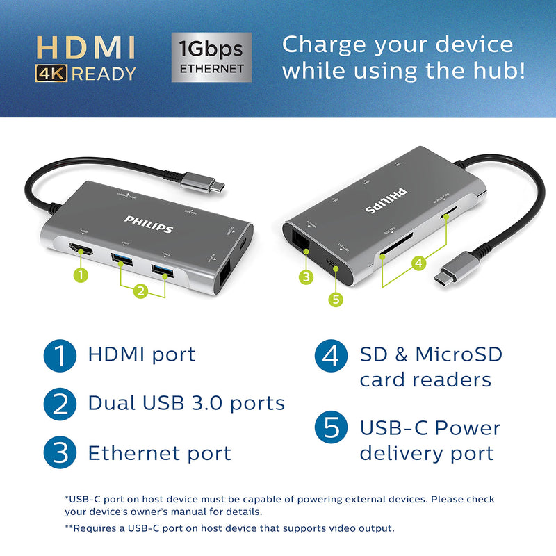 [Australia - AusPower] - Philips USB C Hub with Power Pass-Through, 7-in-1 Multiport Adapter, 1 HDMI 4K@30Hz, 60W USB-C Power Delivery, 2 USB 3.0, 1 Ethernet, 1 SD 1 MicroSD Card Reader, DLK9120C/27 